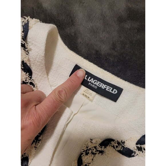 Womens Karl Lagerfeld Paris White Tweed Open Cropped Jacket Braided Trim M - Picture 6 of 8